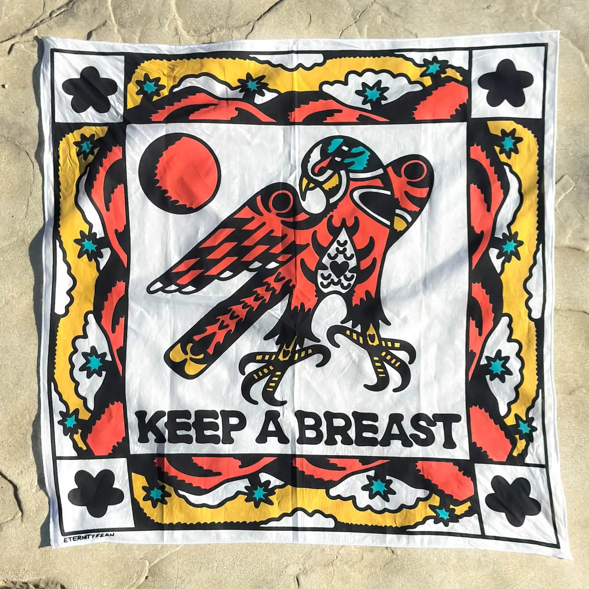 Forager Provisions LTD Bandits Bandanas organic cotton bandana featuring a Keep A Breast eagle graphic in red and yellow.