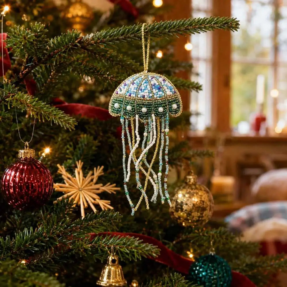 Forager Provisions LTD hanging beaded jellyfish Christmas ornament with blue, green, and gold beads on a pine tree.
