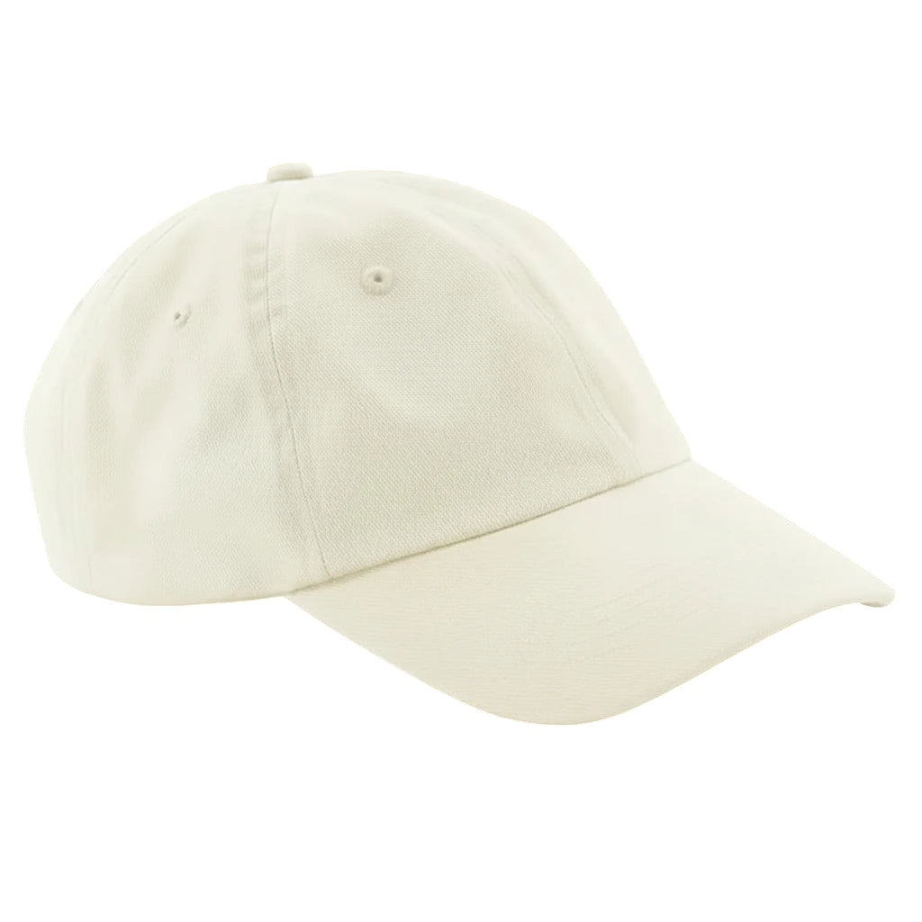 Forager Provisions beige cotton dad hat, 6 panels, curved brim, ventilated eyelets, angled side view—classic men’s cap.