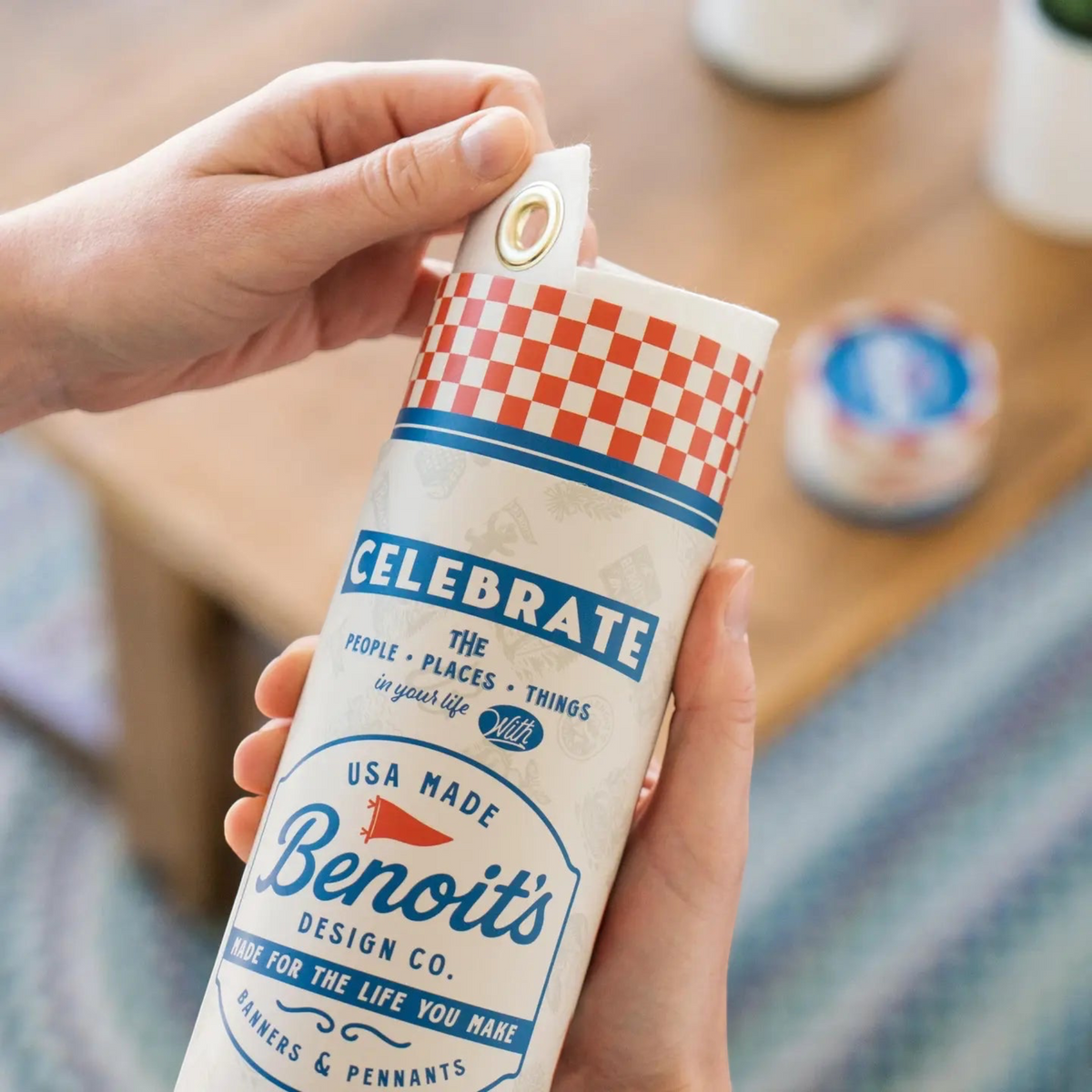 Forager Provisions LTD Benoit’s Design Co. felt pennant banner packaging with vintage-style branding and metal grommet