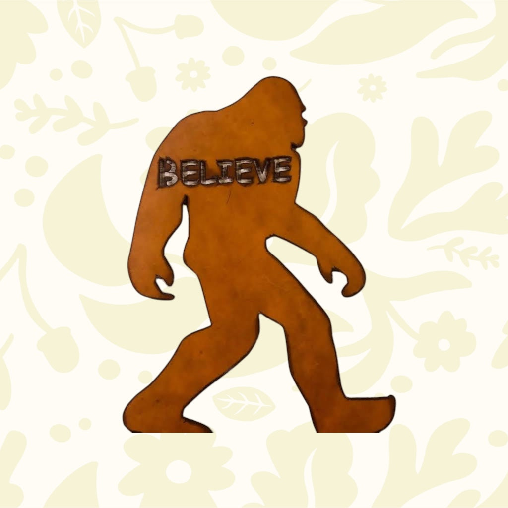 Forager Provisions LTD rustic steel Bigfoot silhouette wall sign with the word Believe cut out