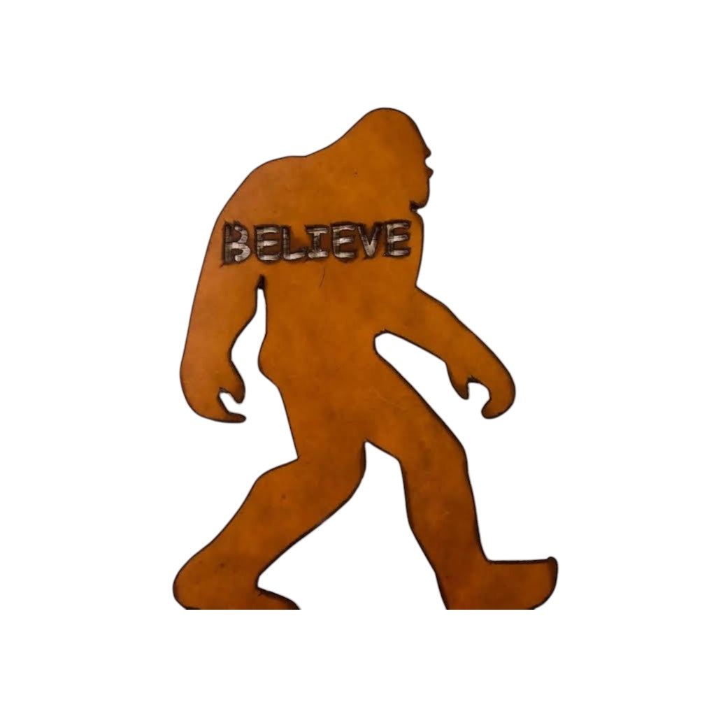 Forager Provisions LTD rustic steel Bigfoot silhouette wall sign with the word Believe cut out