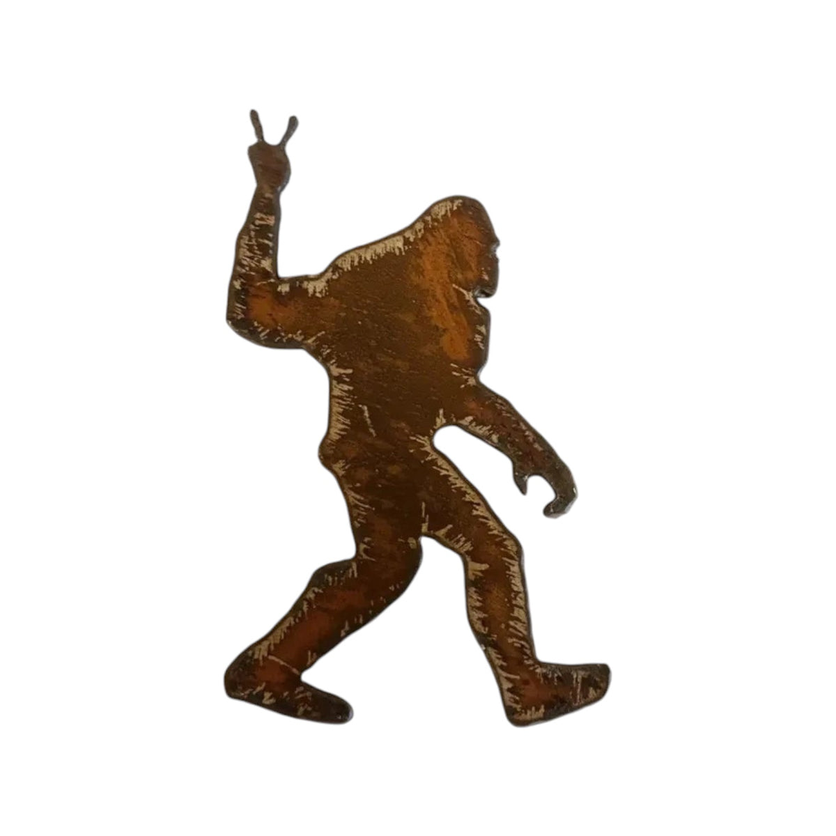 Forager Provisions LTD rustic steel Bigfoot magnet featuring a Sasquatch figure making a peace sign