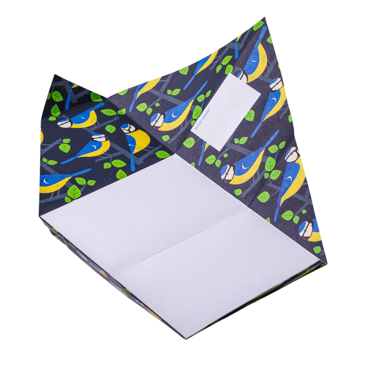 Forager Provisions LTD Pigeonposted folding letter set featuring a blue and yellow bird pattern on a dark background.