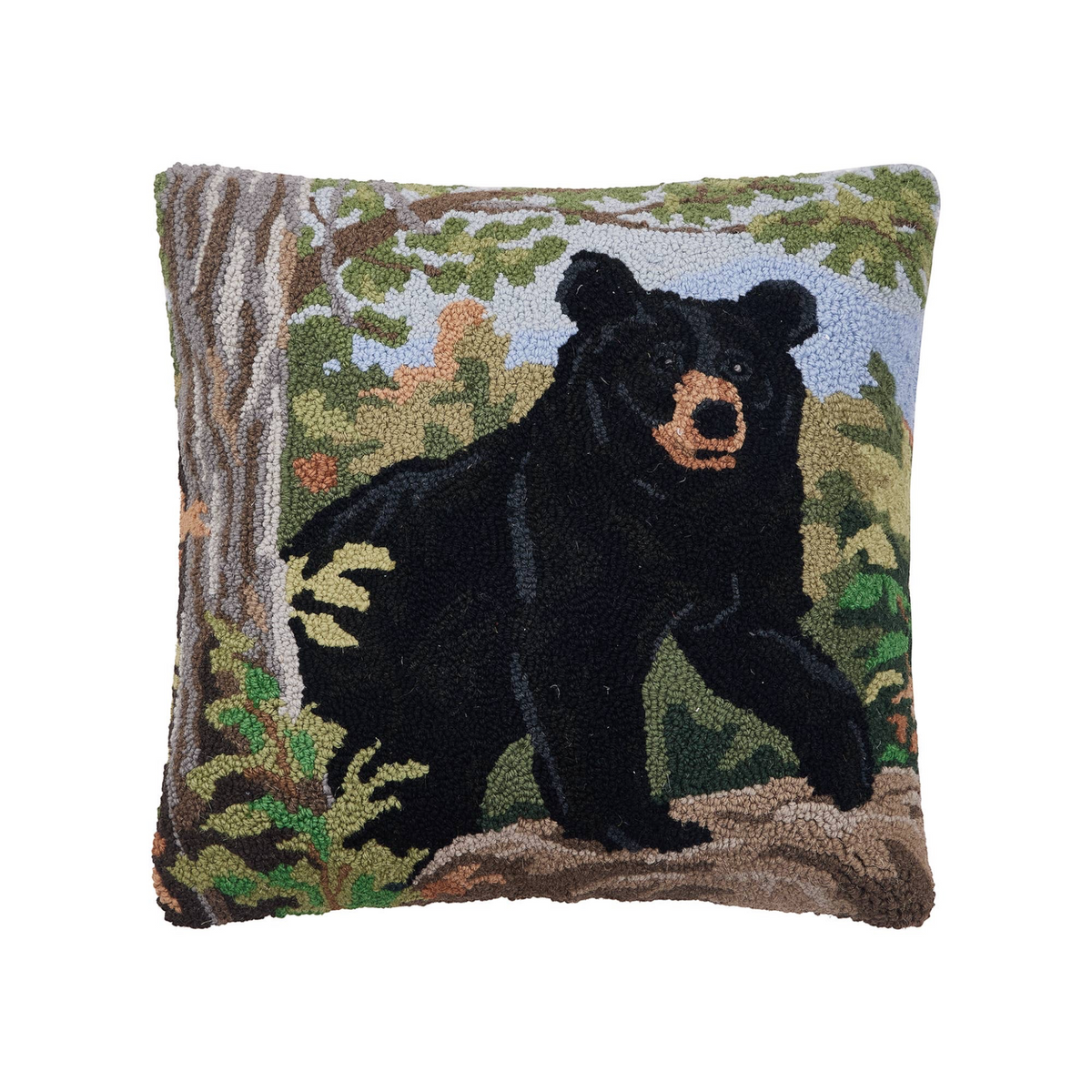 Forager Provisions LTD 18x18 inch wool hooked throw pillow featuring a black bear in a forest landscape scene.