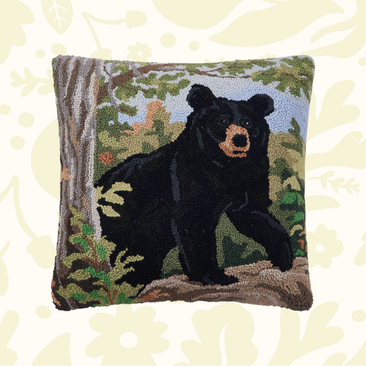 Forager Provisions LTD 18x18 inch wool hooked accent pillow featuring a black bear in a forest landscape