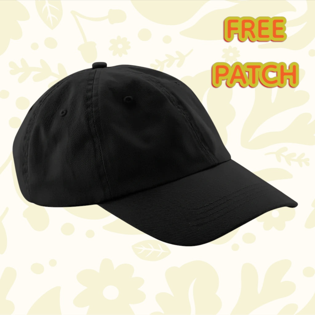 Forager Provisions Patch Your Cap! black 6-panel cotton dad cap, curved brim, stylish adjustable hat on white background.