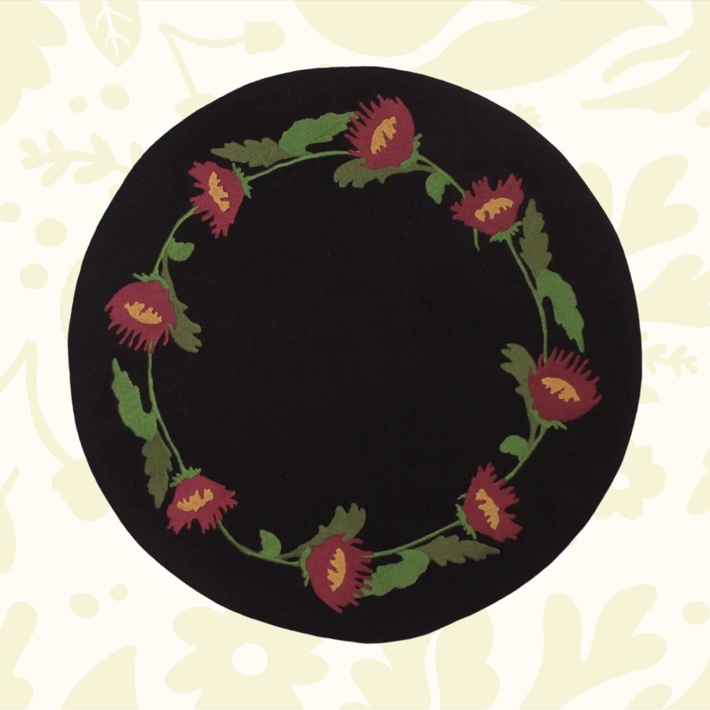Primitive Folk Flowers In Firkin mat with black, red flowers and green leaves—perfect rustic cottagecore decor by The Home Collection.