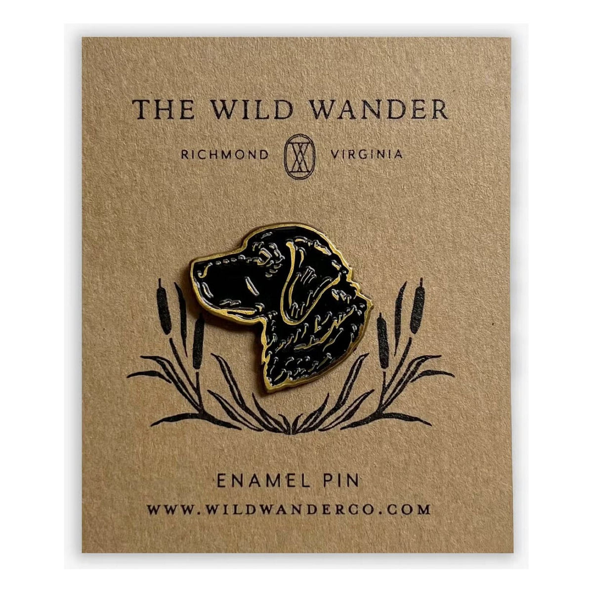 The Wild Wander Black Lab Enamel Pin on logo card, unique accessory from Richmond VA, perfect gift for dog lovers.