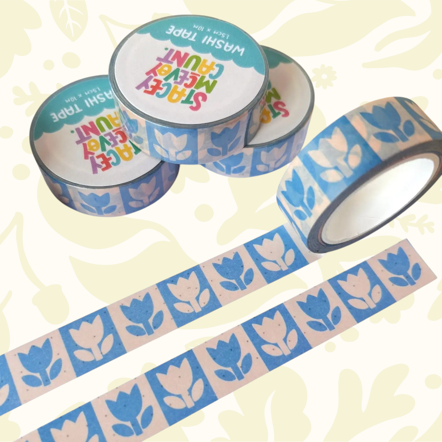 Forager Provisions LTD Stacey McEvoy Caunt washi tape rolls with blue folk tulip patterns on a dotted journal page