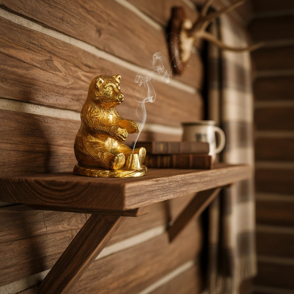 Paines Brass Bear Incense Holder with 3 Balsam Fir Logs on a wooden shelf beside books and a mug, rustic home decor.