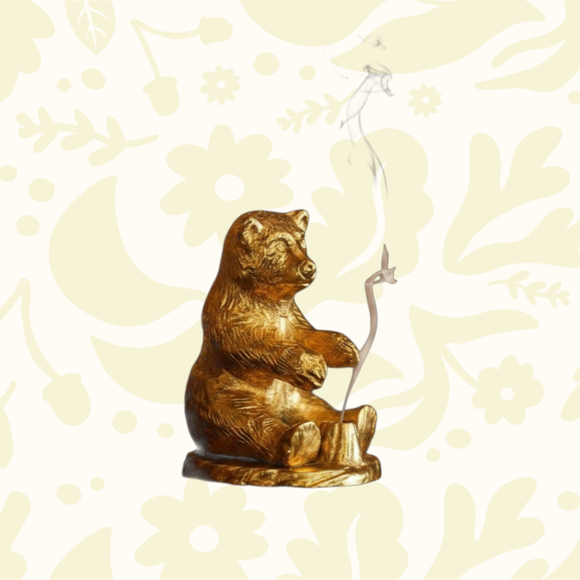 Paines Brass Bear Incense Holder burns balsam fir incense, smoke wafting with flowers—perfect aromatherapy decor gift.