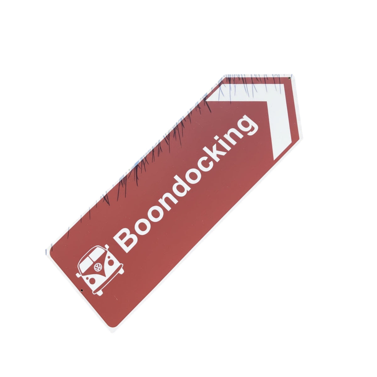 Forager Provisions LTD brown aluminium directional arrow sign for campervans with a boondocking label and van icon