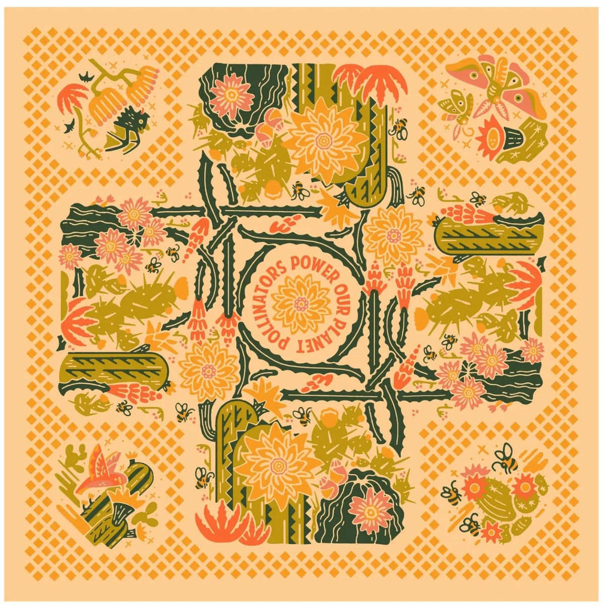 Forager Provisions LTD organic cotton bandana in peach featuring a vibrant cactus and pollinator desert print.