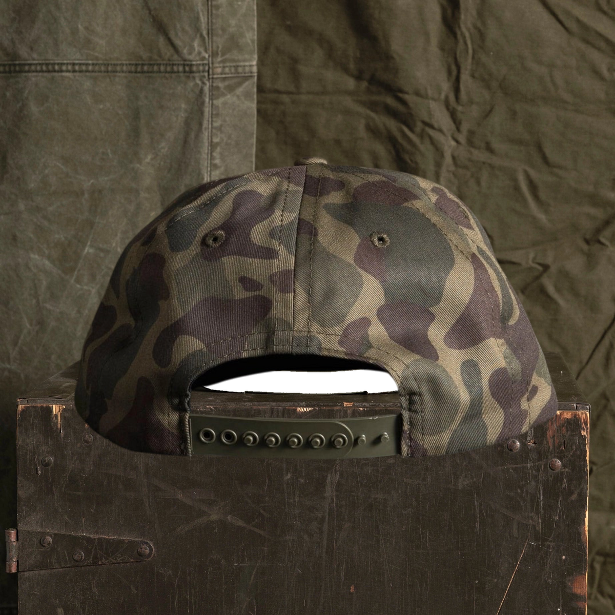 Forager Provisions LTD Bradley Mountain woodland camo cotton twill cap with adjustable snapback strap, rear view