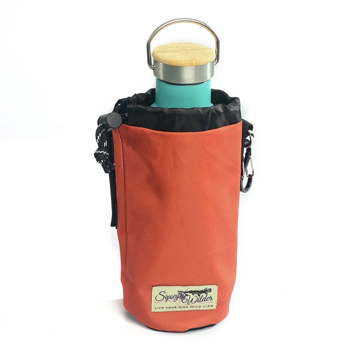 Forager Provisions LTD Sipsey Wilder campfire orange water bottle holder with adjustable strap and mesh base.