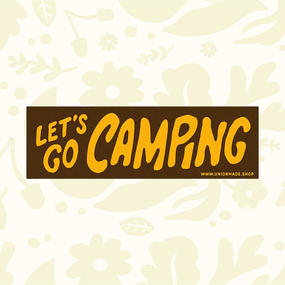 Let’s Go Camping Union Made vinyl sticker with floral design, perfect for van life, camp trips, and outdoor adventure lovers.