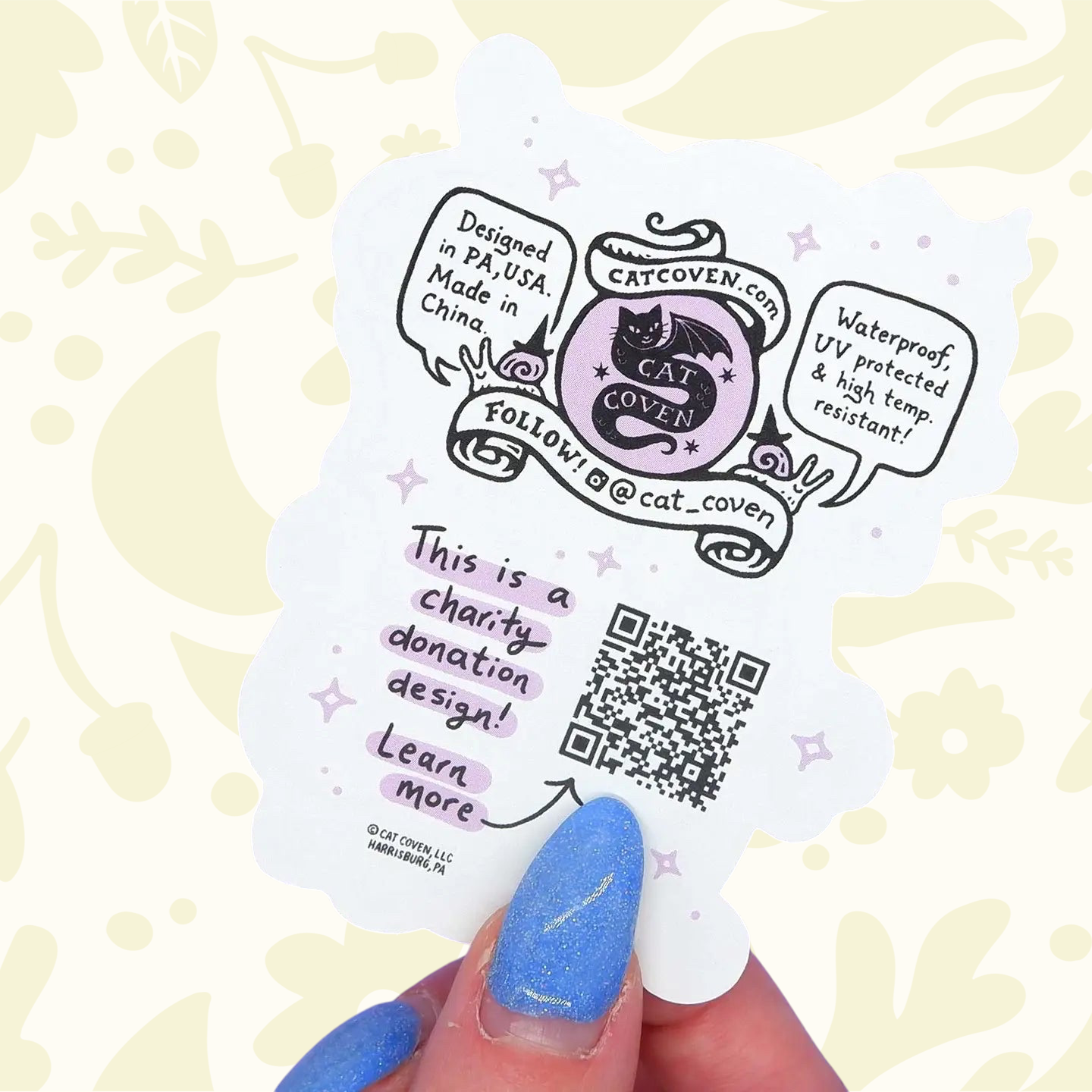 Forager Provisions LTD Cat Coven sticker back showing product details, QR code, and branding on a purple background.