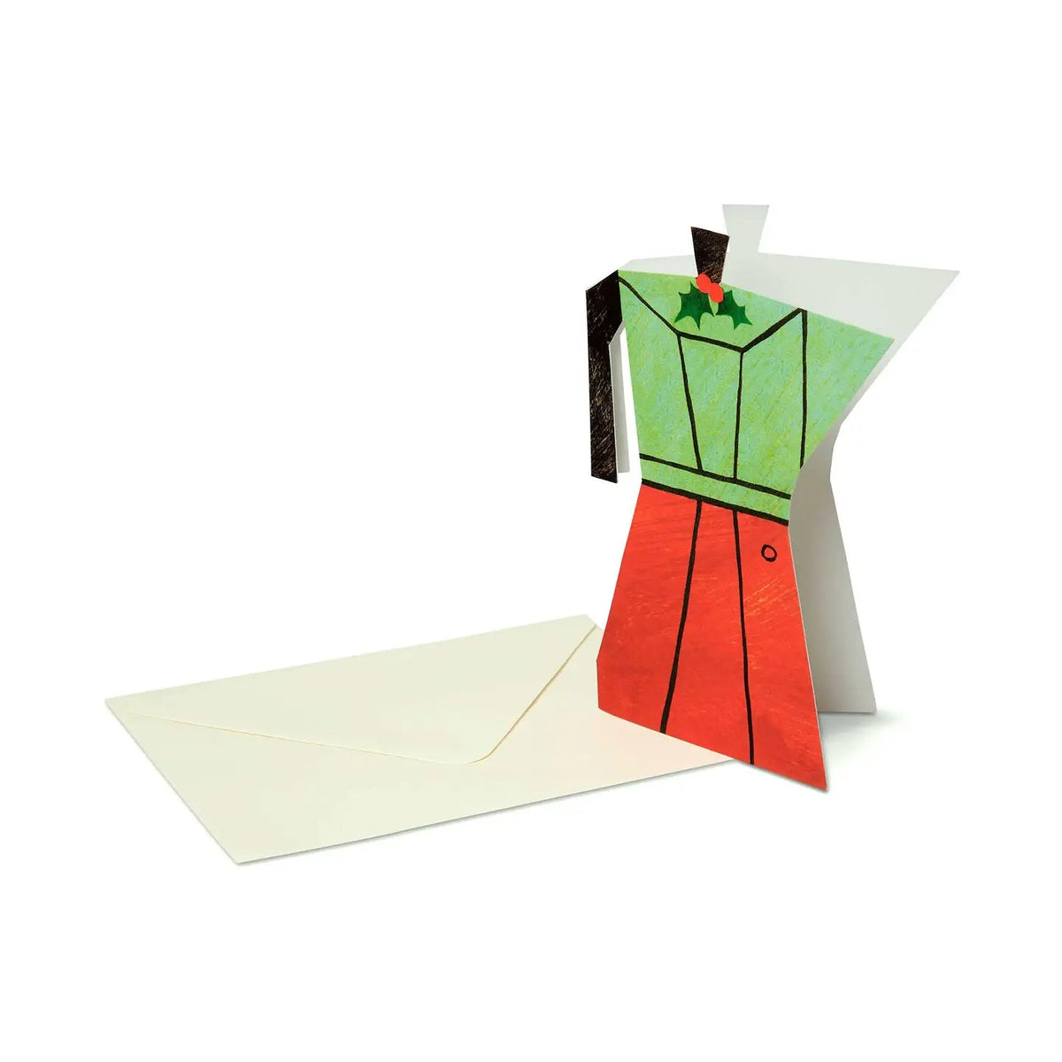 Forager Provisions LTD Christmas card shaped like a green and red moka pot with a matching cream envelope