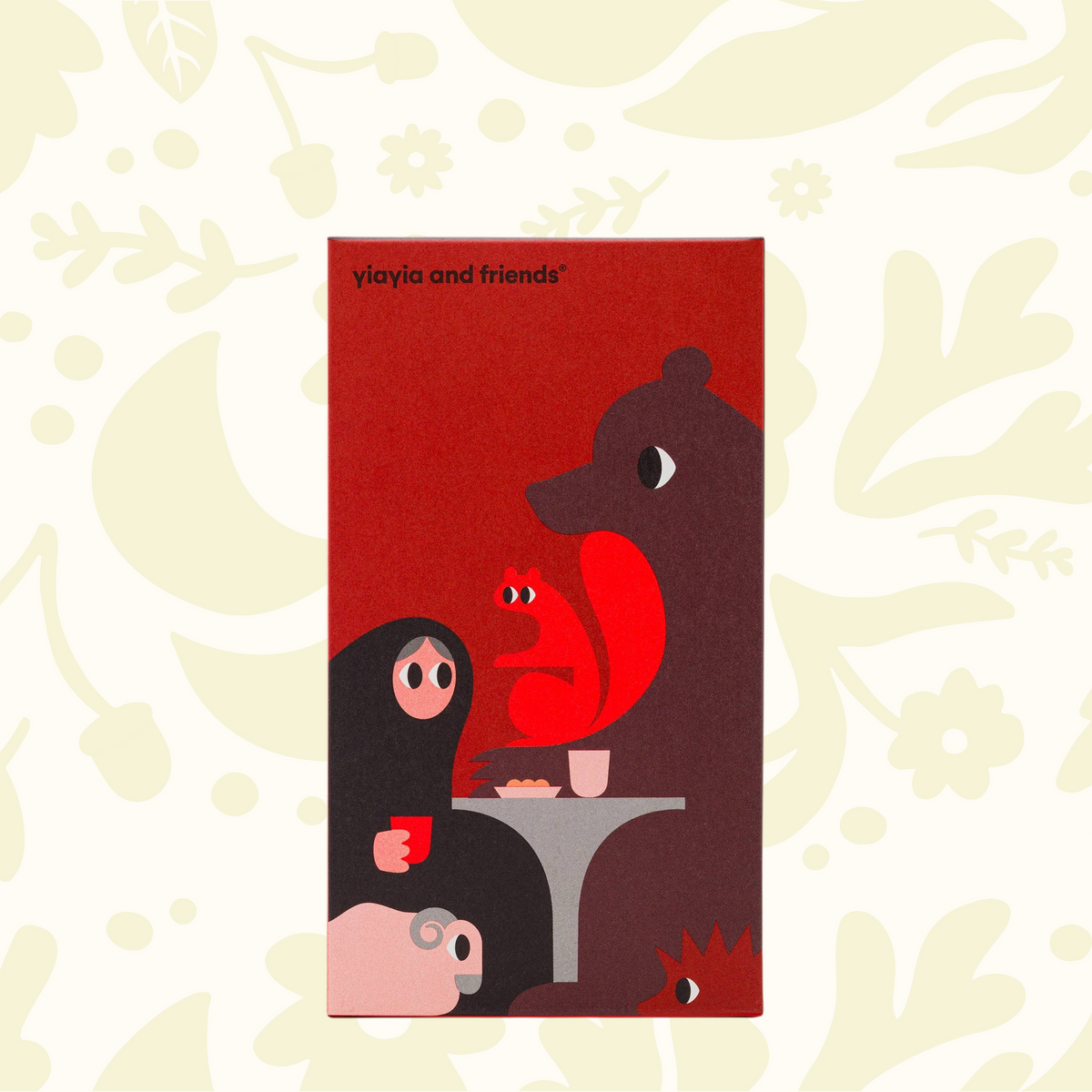 Forager Provisions LTD cinnamon biscuits in a red box featuring a whimsical illustration of yiayia and forest animals.