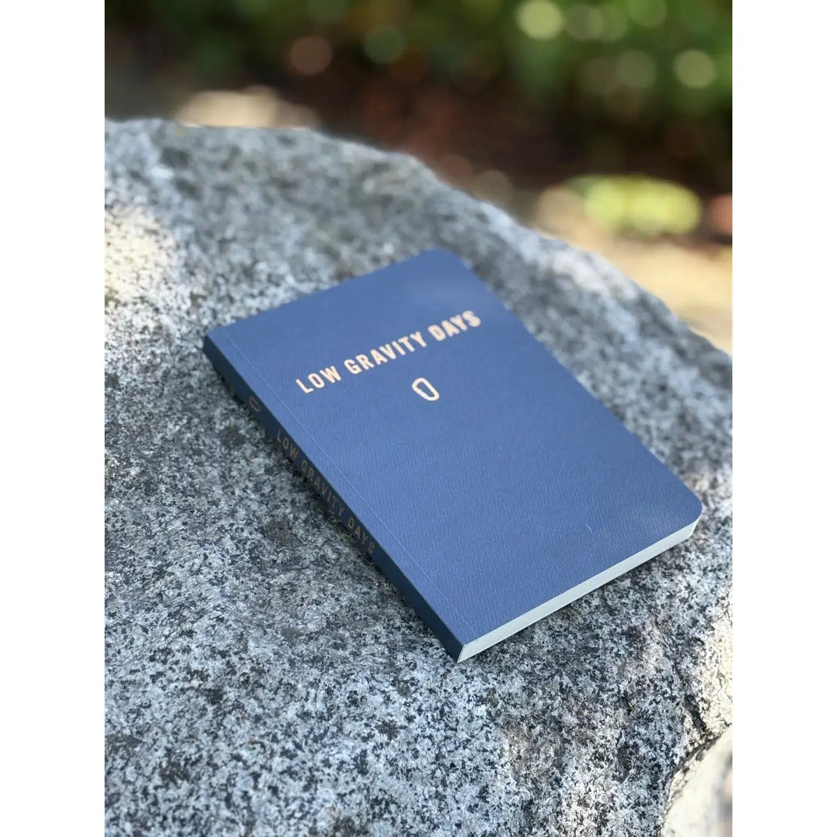 Forager Provisions LTD Low Gravity Days climbing logbook notepad with a blue cover resting on a textured grey rock.