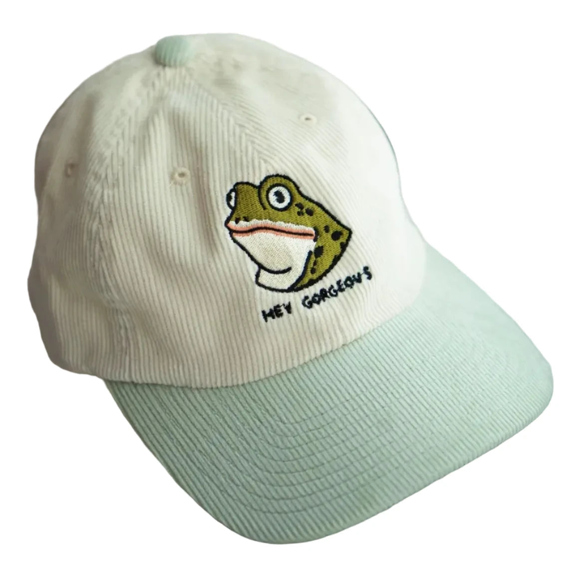 Forager Provisions LTD Stay Home Club two-tone corduroy dad hat with a frog embroidery and Hey Gorgeous text.