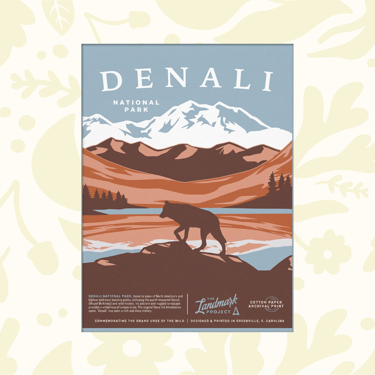 Forager Provisions LTD Denali National Park poster featuring a mountain landscape illustration with a wolf silhouette.
