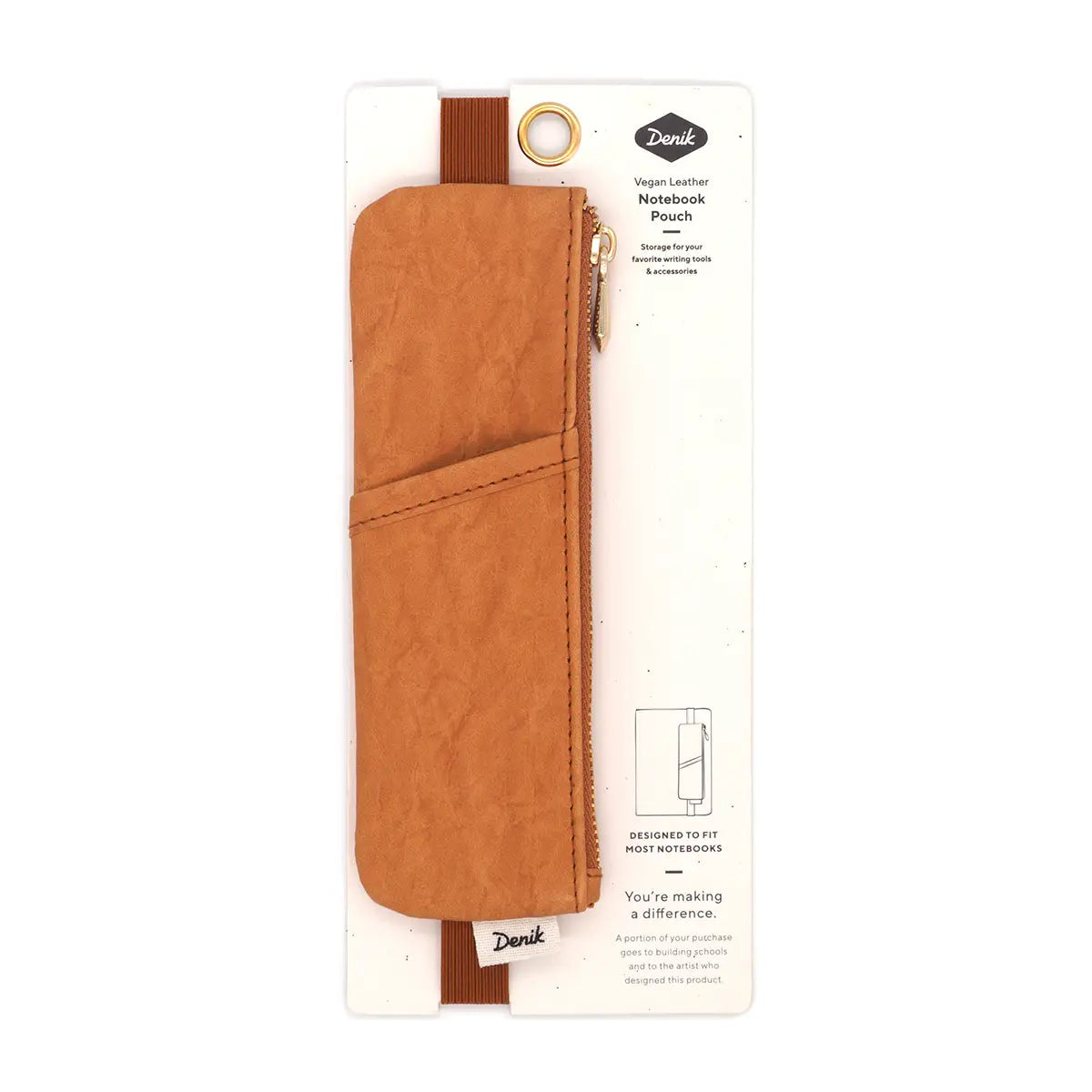 Denik Caramel Crinkle Vegan Leather Notebook Pouch with zipper, in white Denik branded packaging—stylish vegan accessory.