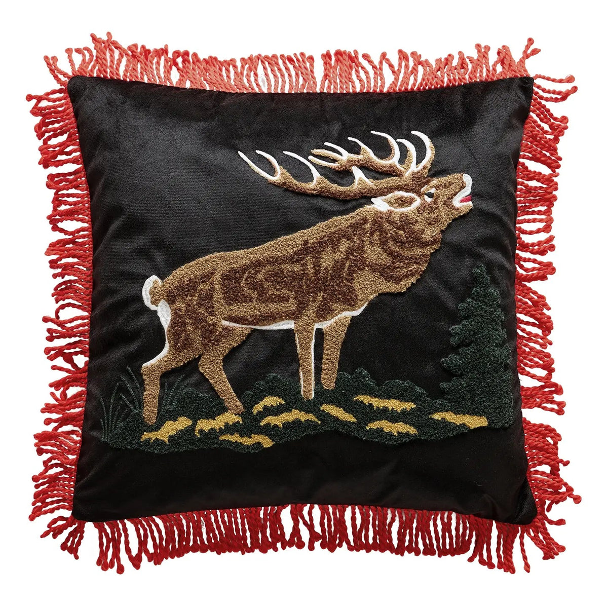 Forager Provisions LTD Camp Wandawega needle punch elk pillow with red tassel trim on a black fabric base.