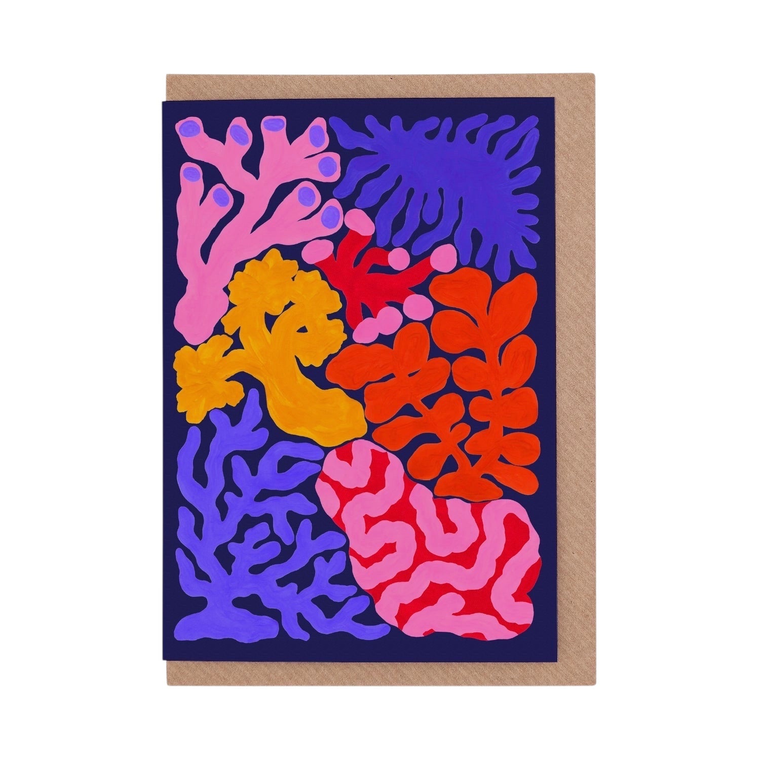 Forager Provisions LTD Evermade coral greetings card with vibrant abstract marine artwork by Liv Lee and brown envelope
