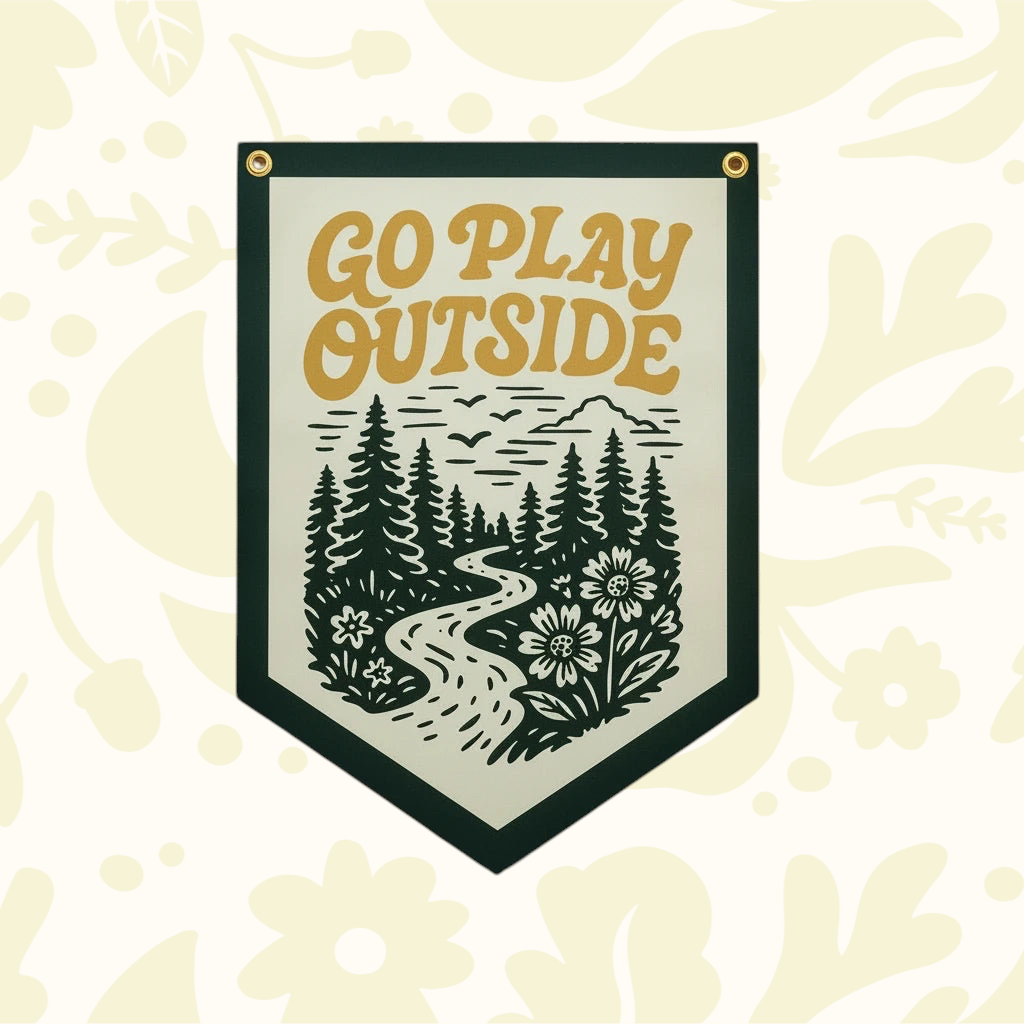 Benoit Go Play Outside felt pennant 16x22″, vintage camp scene: path, trees, mountains & flowers home wall art decor.