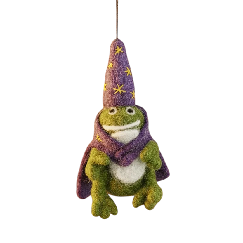 Forager Provisions LTD handmade felt frog wizard ornament wearing a purple star-patterned cloak and matching hat