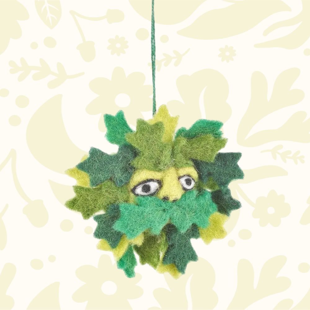 Forager Provisions LTD handmade felt Green Man hanging decoration with layered green wool leaves and a hanging loop.