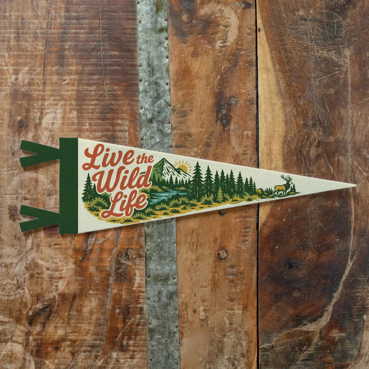 Benoit’s Design Co “Live the Wild Life” felt pennant, 8x28.5”, vintage camp decor, perfect outdoor wall art.