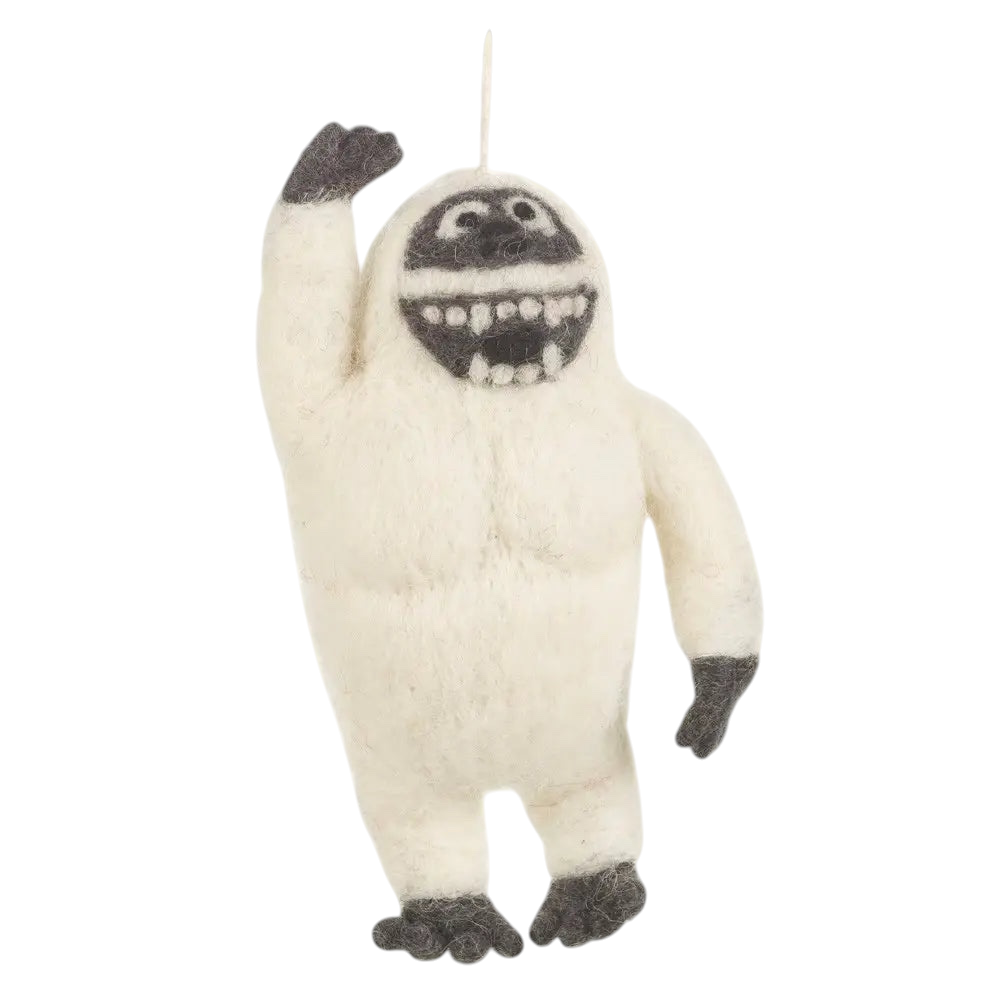 Forager Provisions LTD handmade white wool felt yeti hanging ornament with grey details and a cheerful expression.