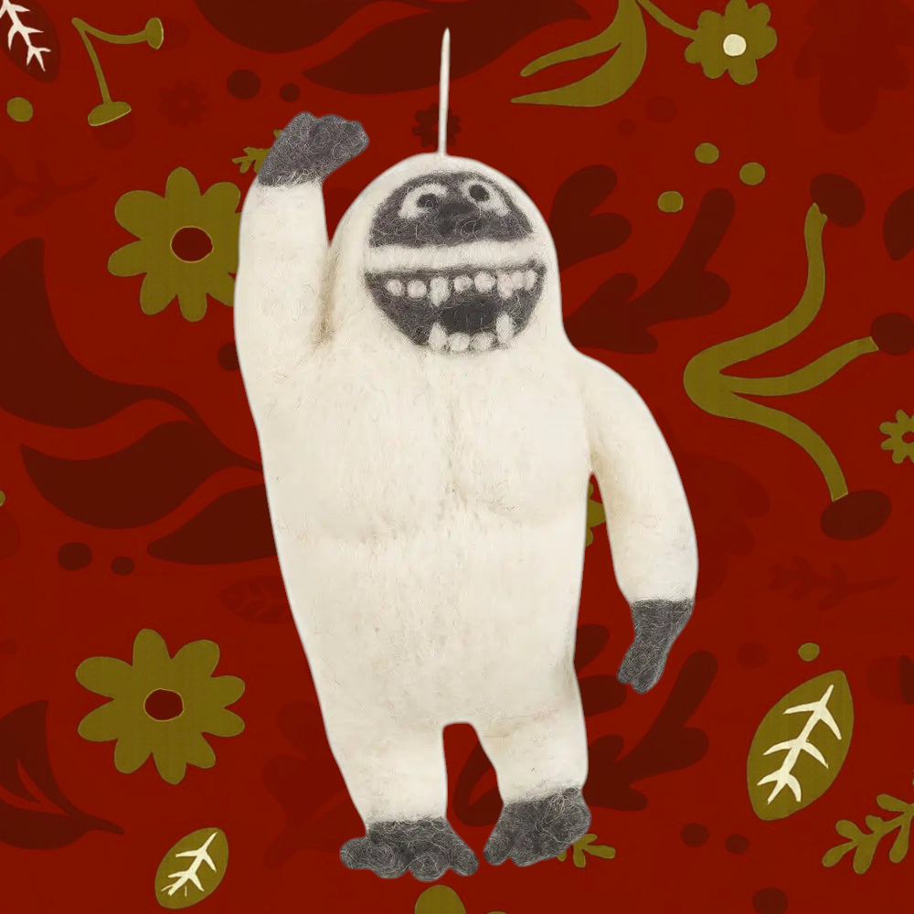 Forager Provisions LTD handmade felt yeti hanging decoration in white wool with grey details and a hanging loop.