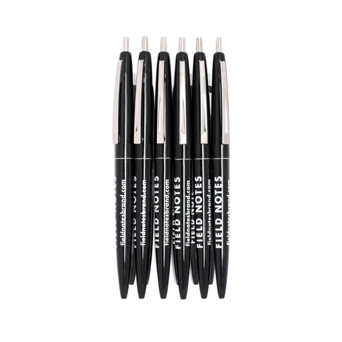 Forager Provisions LTD Field Notes Square Deal Clic Pens in a 6-pack with black barrels and silver clips.