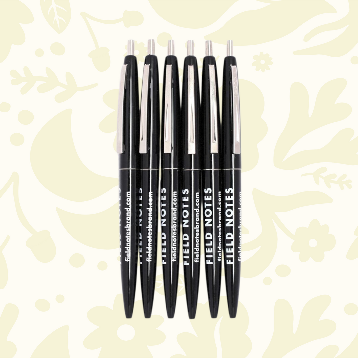 Forager Provisions LTD Field Notes Square Deal Clic Pens in a 6-pack with black barrels and durable brass clips.