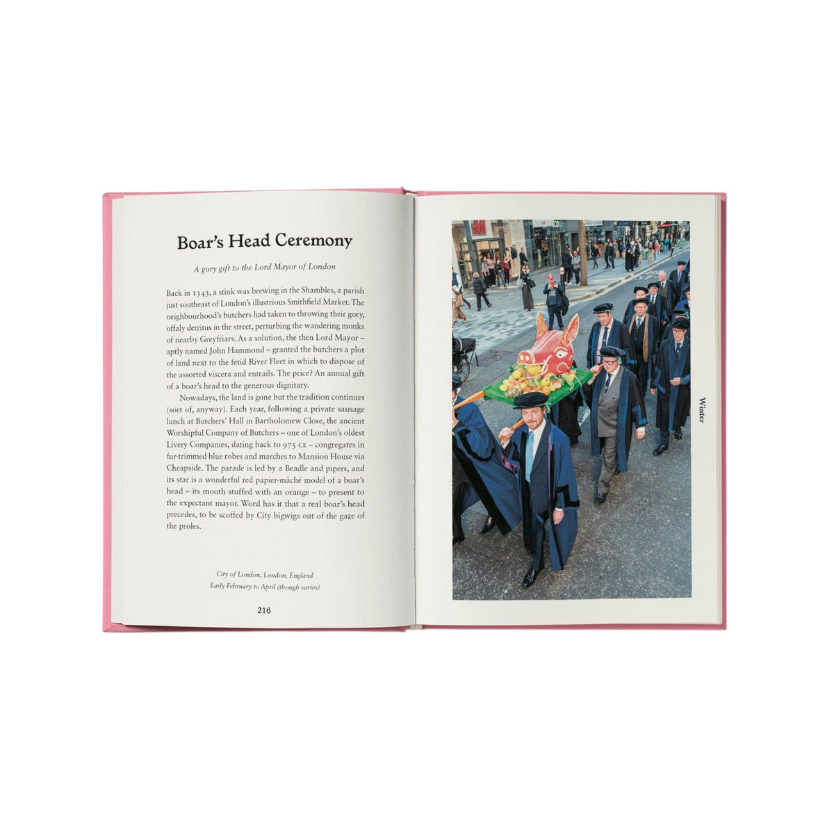 Forager Provisions LTD Folk Britain book open to a page featuring the Boar's Head Ceremony in London