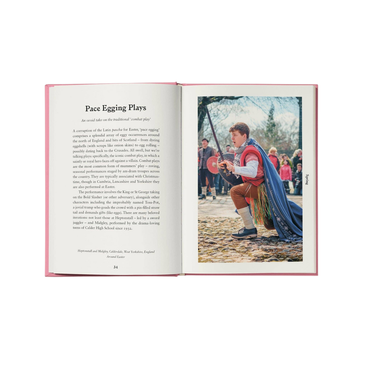 Forager Provisions LTD Folk Britain book open to a page about Pace Egging plays featuring a photo of a costumed performer
