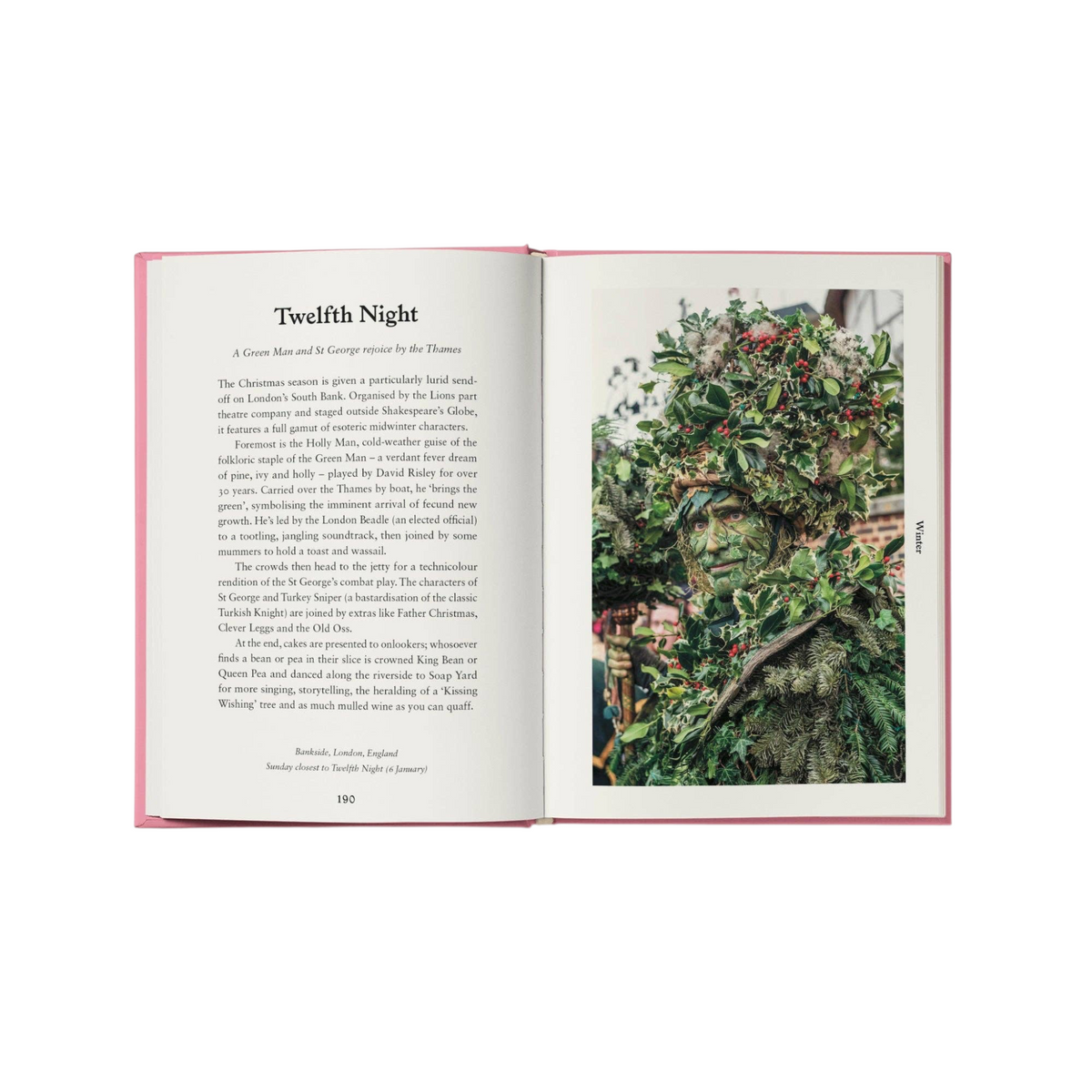Forager Provisions LTD Folk Britain book open to a page about Twelfth Night featuring a Green Man costume photo
