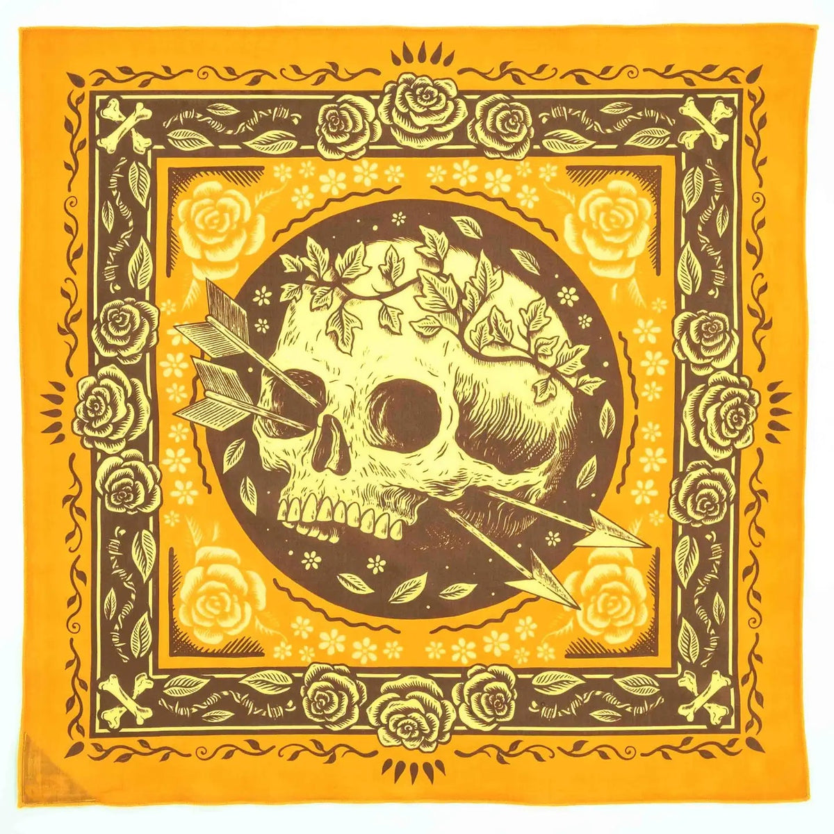 Forager Provisions LTD Bandits Bandanas Free Spirit organic cotton bandana in yellow and brown with skull and rose print