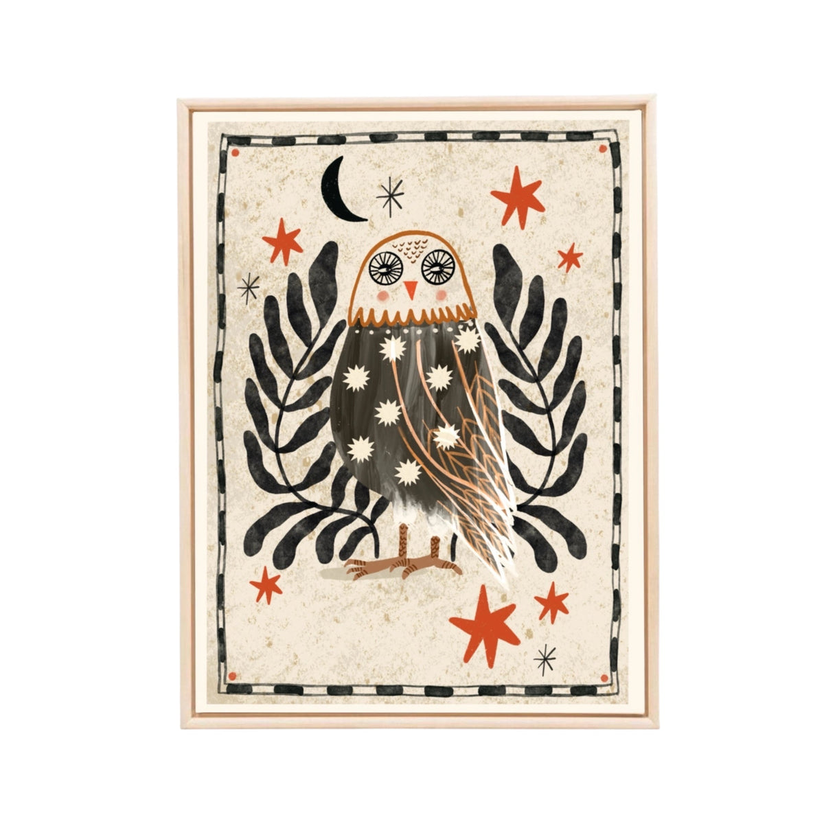 Carole Hillman French Folk Owl A4 art print, floral design, black leaves, red stars & crescent moon. Unframed wall decor.