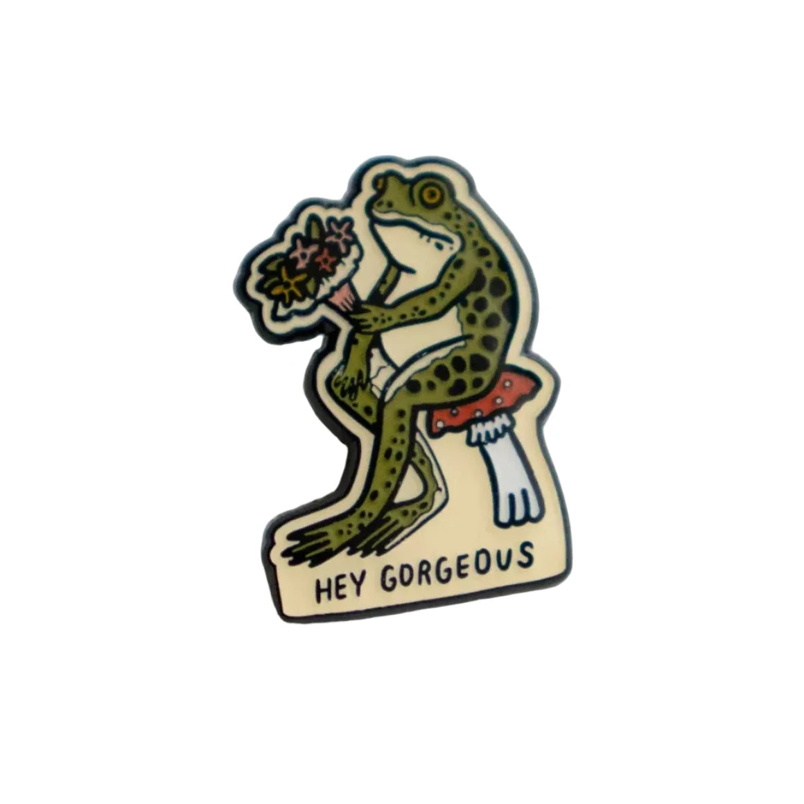 Forager Provisions LTD Stay Home Club enamel pin featuring a green frog holding flowers while sitting on a mushroom.