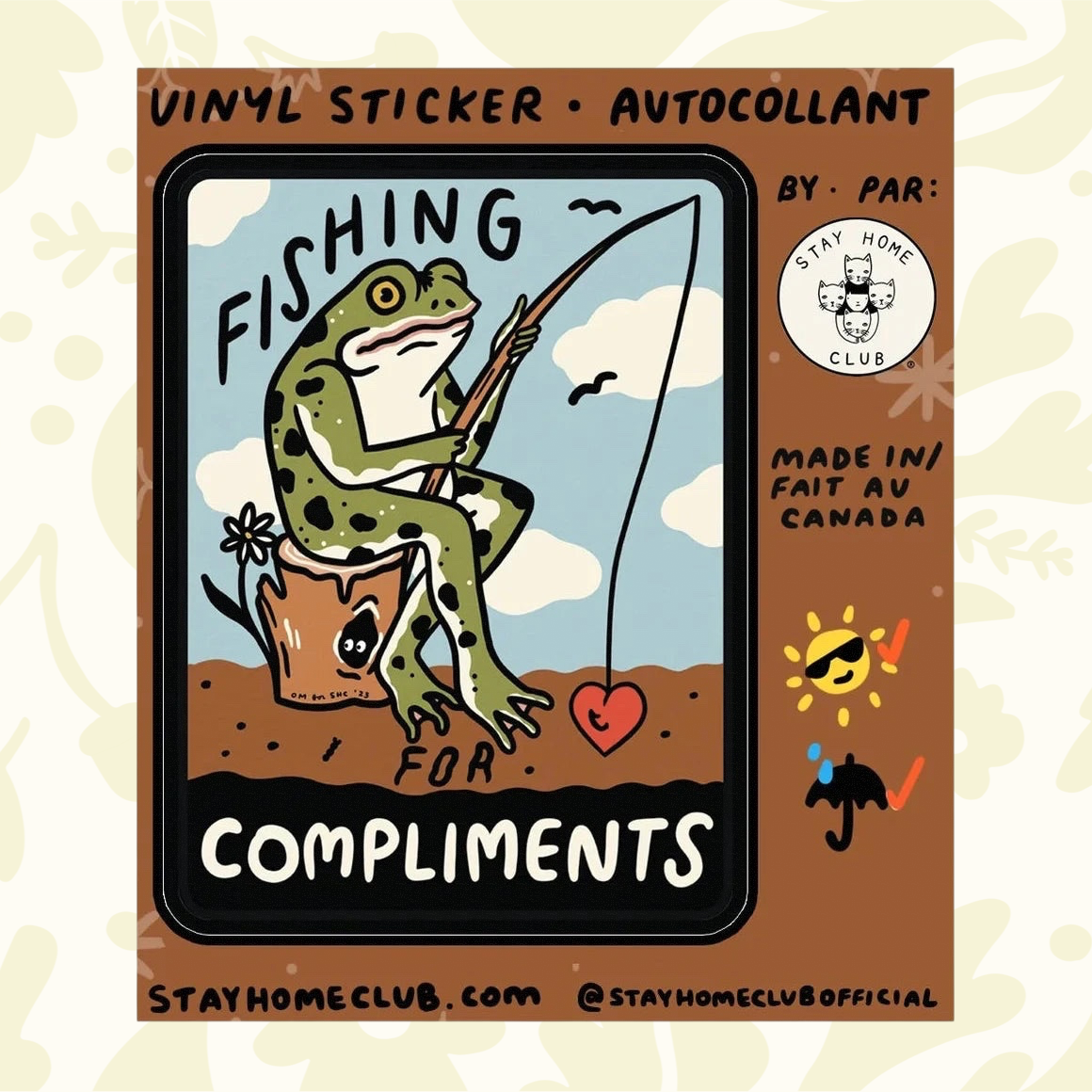 Forager Provisions LTD Stay Home Club vinyl sticker featuring a cute frog fishing for a heart on a brown background.