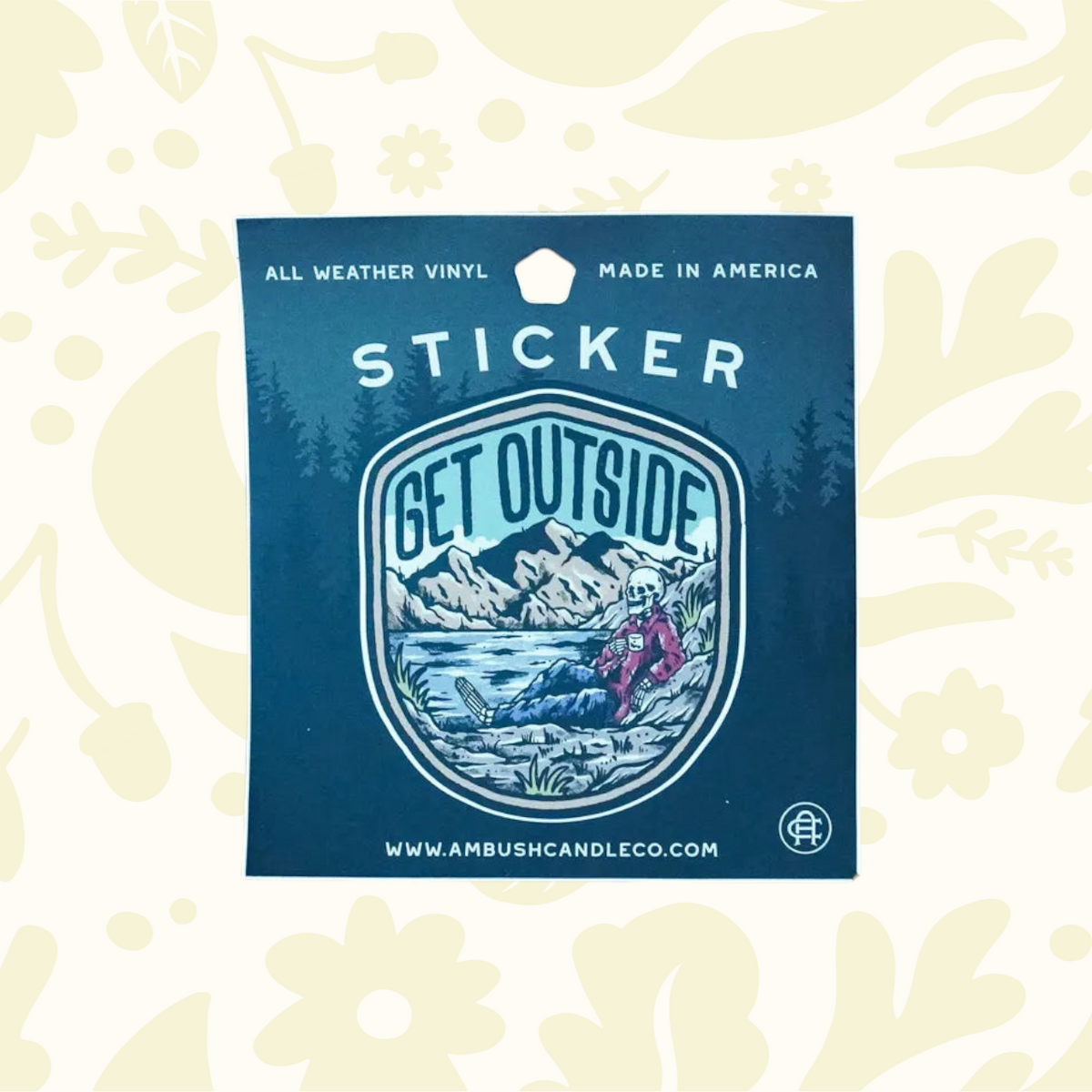 Forager Provisions LTD Get Outside weatherproof vinyl sticker featuring a mountain landscape on a bed of autumn leaves