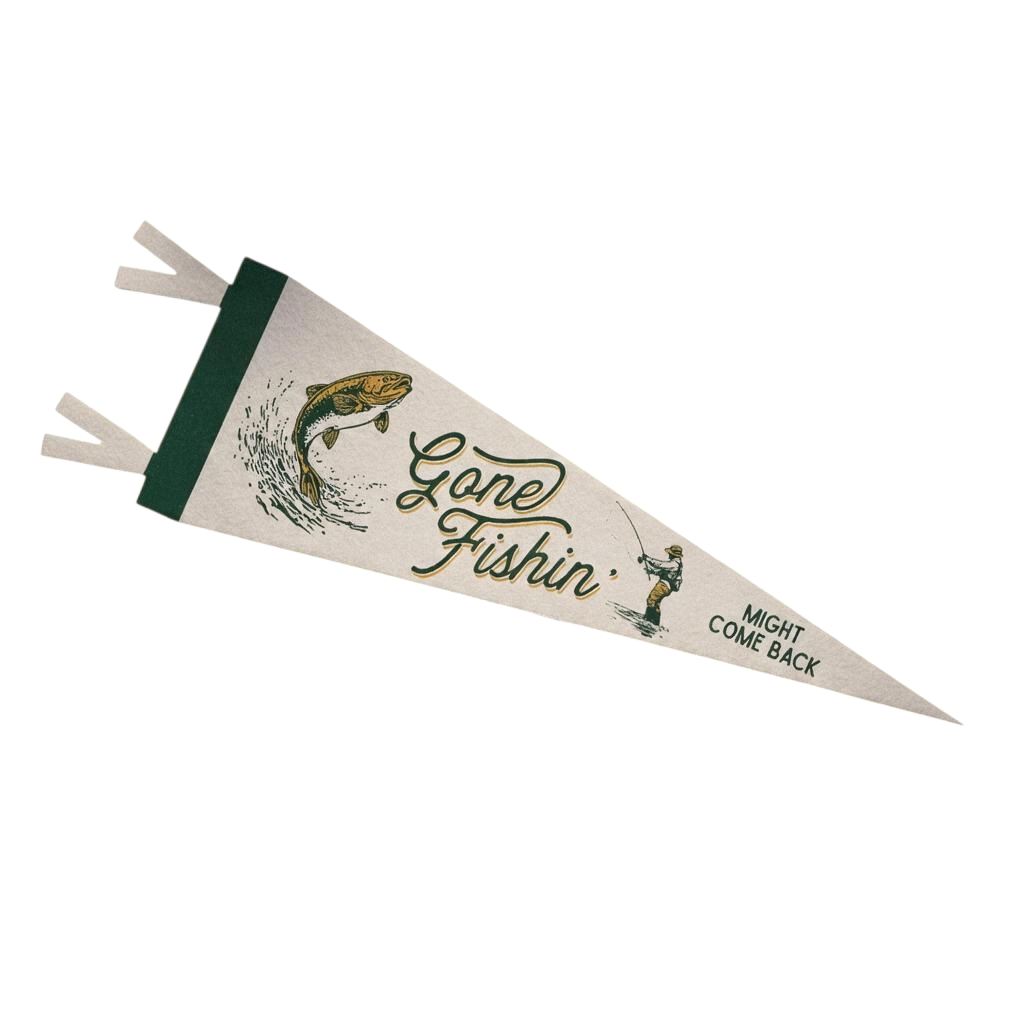 Forager Provisions LTD Benoit's Supply Co. Gone Fishin' felt pennant with vintage fishing graphic on cream fabric.
