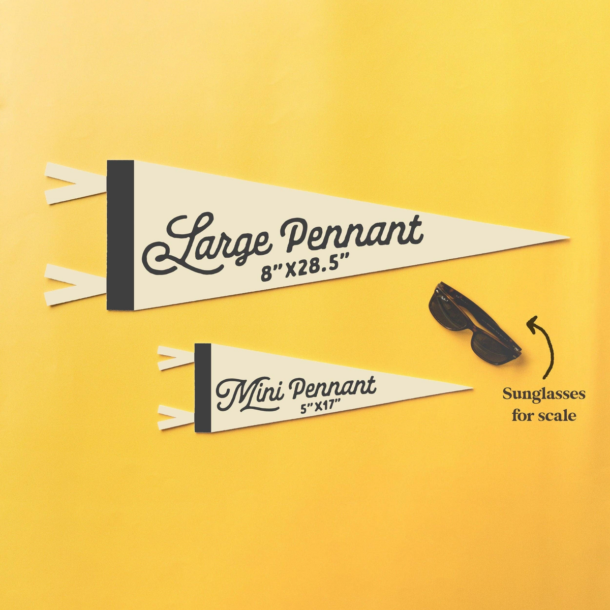 Forager Provisions LTD Benoit's Supply Co. Gone Fishin' felt pennants in large and mini sizes on a yellow background.