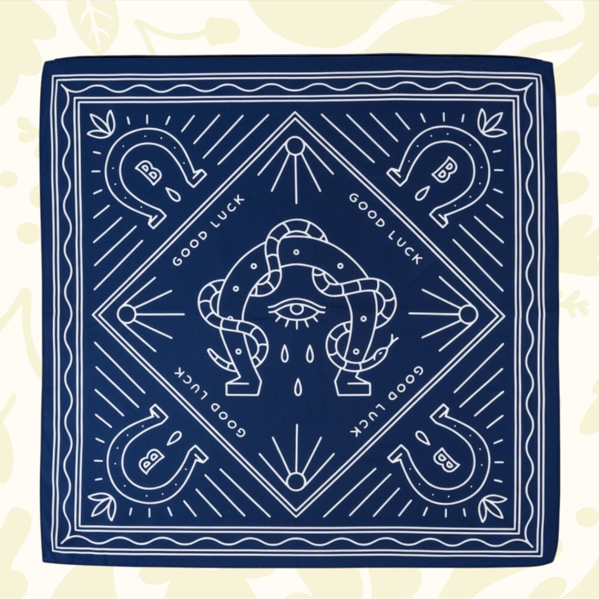 Forager Provisions LTD Bandits Bandanas Good Luck organic cotton bandana in navy blue with white vintage illustrations.