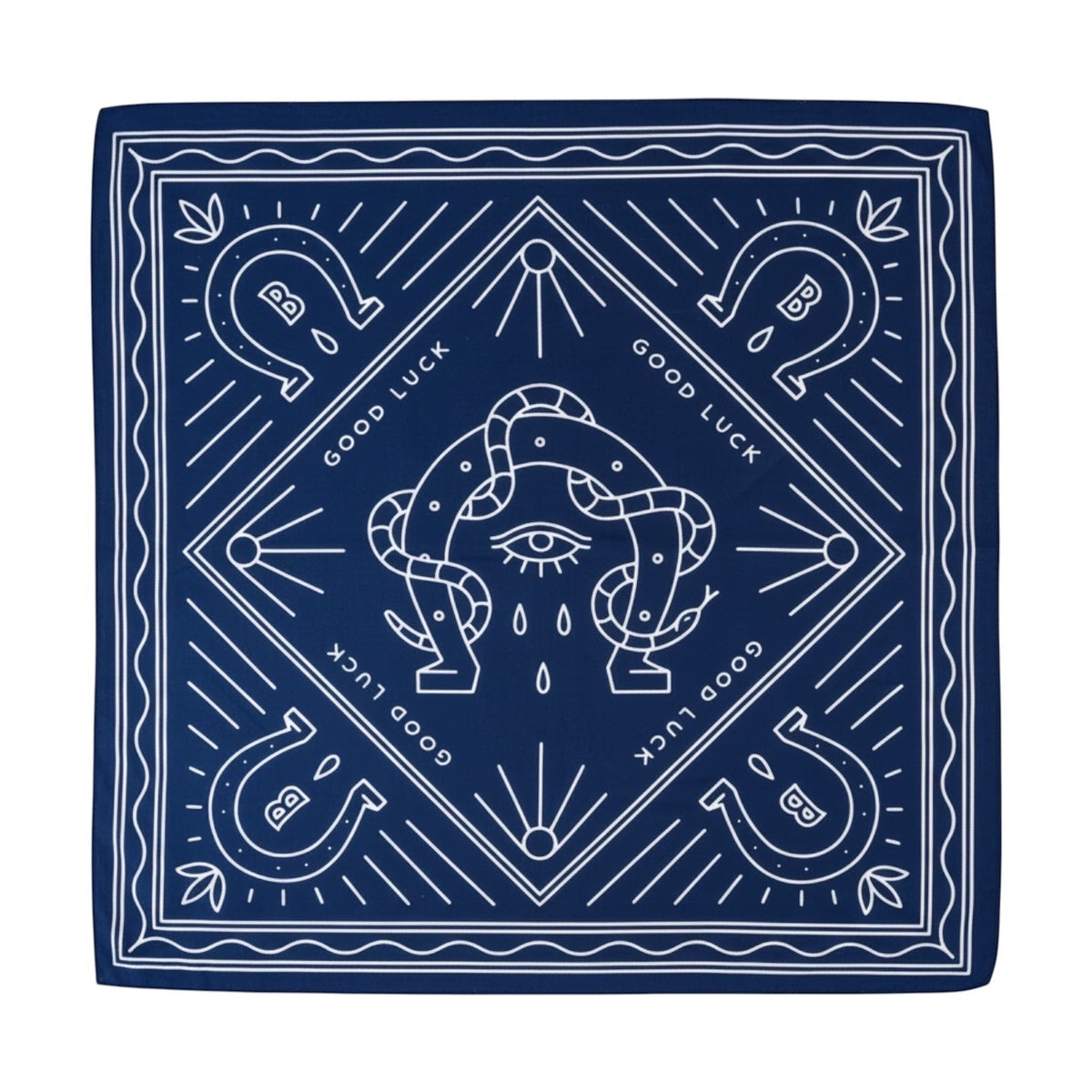 Forager Provisions LTD Bandits Bandanas Good Luck organic cotton bandana in navy blue with white vintage-style graphics.